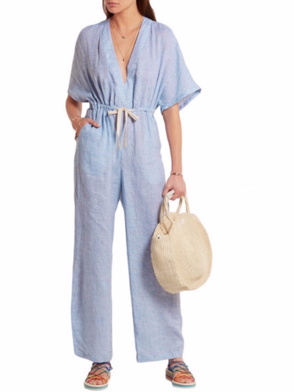 Solid & Striped Light Caped Linen Jumpsuit in Light Blue Sz S Relaxed Fit Cruise